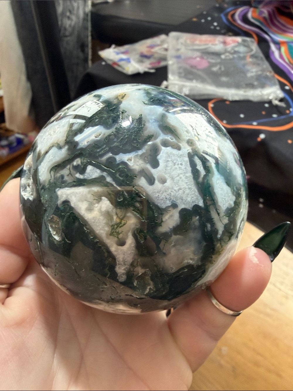 Hand Crafted Green and White Moss Agate Decorative Sphere
